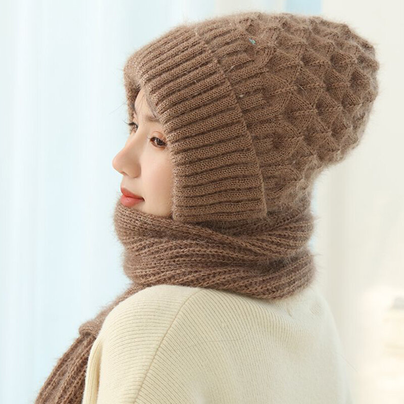 Chapéu de lã tricotado feminino, cachecol forrado de lã espesso, gorro de pelúcia à prova de vento, tampas cor sólida, proteção auricular, casual, inverno