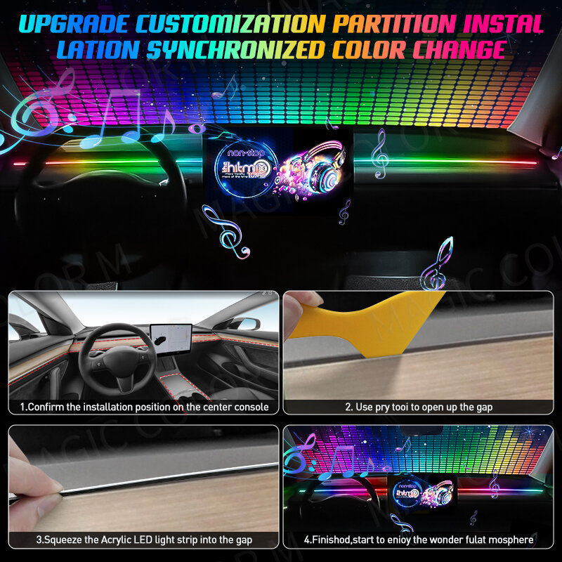 Vget 140/55.1 calowe samochodowe światła 2 in1 uniwersalne LED symfonia RGB atmosfera lampa pilot aplikacji USB do modelu Tesla 3 Y S X
