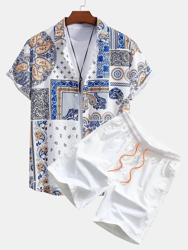 남성용 셔츠 및 반바지 2 종 세트, 칼라 및 신축성 허리 비치웨어, 단추 업, 하와이 스타일, 여름