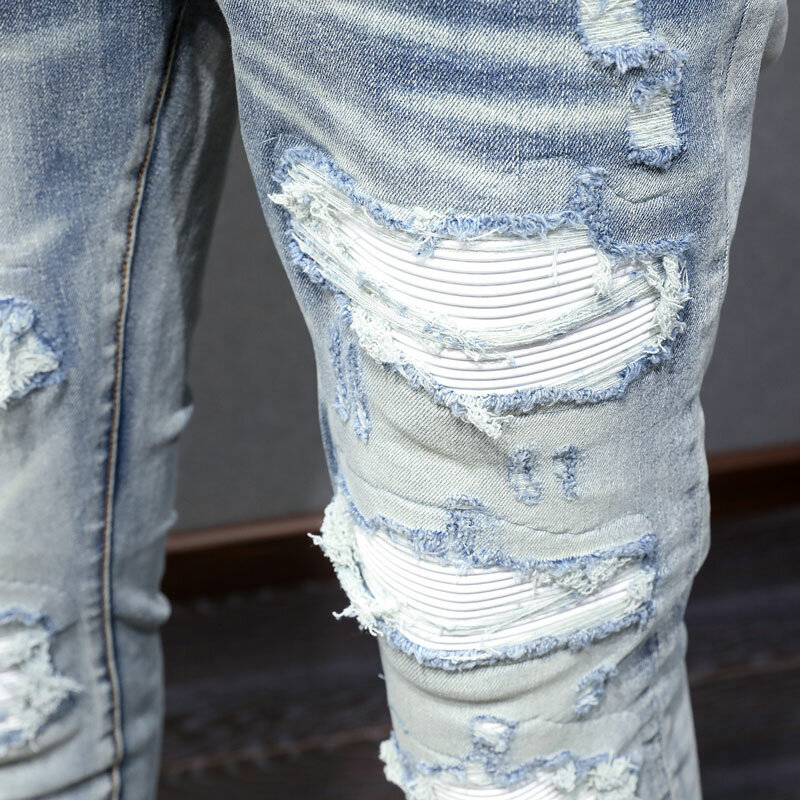 レトロなブルーの伸縮性スキニー,男性用の破れたジーンズ,デザイナーのヒップホップブランドのパンツ,ストリートウェア,ホールフィット