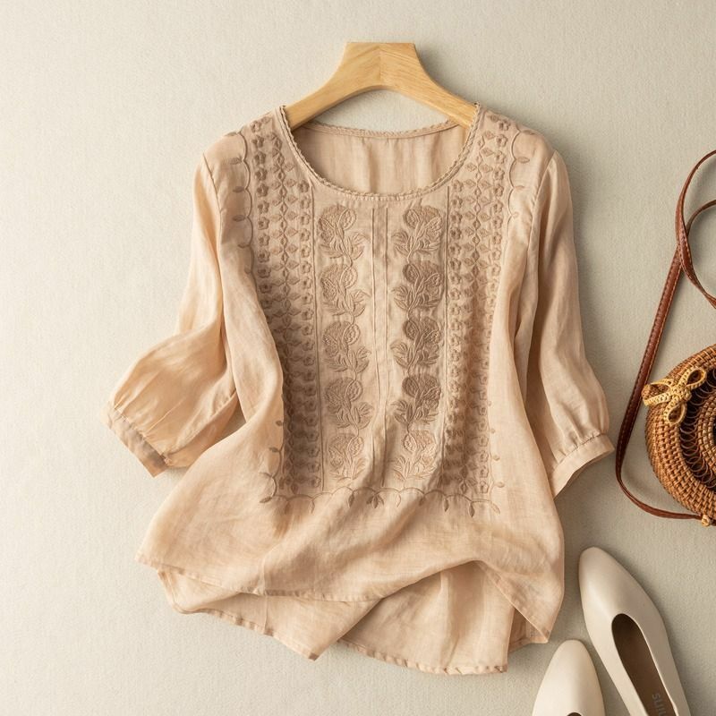 Рубашка женская хлопково-льняная с коротким рукавом, однотонный пуловер свободного покроя с соединением на пуговицах, повседневный топ с круглым вырезом, лето 2024