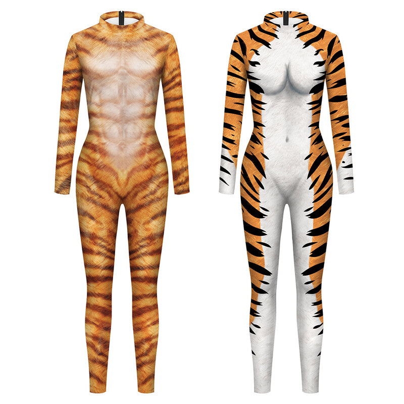 Animal Tiger Stripe Print Holiday Party Jumpsuit Seamless Men Women Leopard Cosplay Bodysuit Sexy Catsuit Costumes