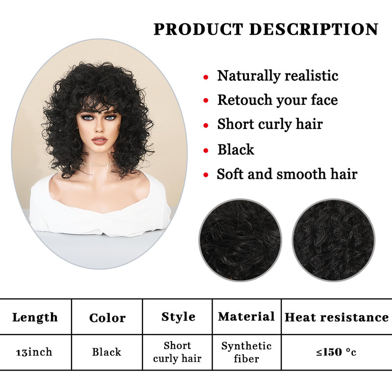 Peluca de pelo rizado corto negro Natural para mujer, peluca sintética resistente al calor con flequillo para fiesta, uso diario, pelo Afro femenino