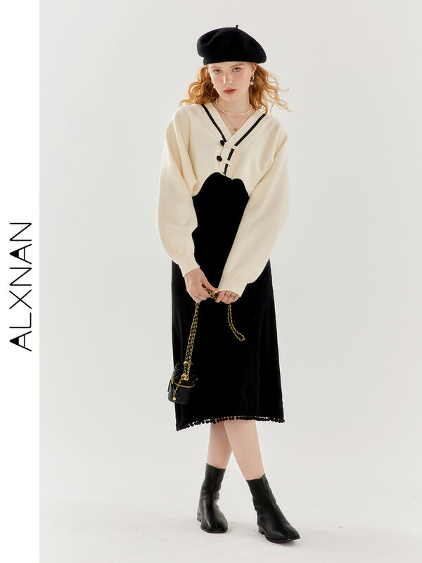Alxnan Mode Kontrast V-Ausschnitt Pullover Hosenträger Kleid 2-teiliger Anzug 2024 lässig weibliche kurze Strickwaren Top verkauft separate tm00703