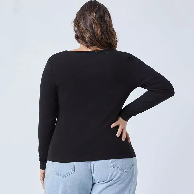 Blusa de manga comprida com bainha preta para mulheres, blusa quadrada com pescoço, plus size, camiseta sexy feminina, primavera, outono, tamanho grande, 5XL, 6XL, 7XL