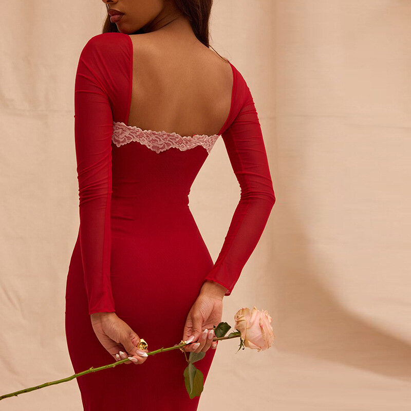 Czerwone koronkowe damskie sukienka na studniówkę pełne rękawy z kwadratowym dekoltem letnie Midi suknia wieczorowa eleganckie obcisła sukienka szaty w magazynie