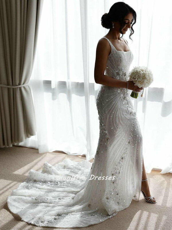 Lujoso vestido de novia de sirena de Dubái, con cuentas de cristal y flores, tren desmontable, cuello cuadrado, sin mangas, estilo árabe saudita