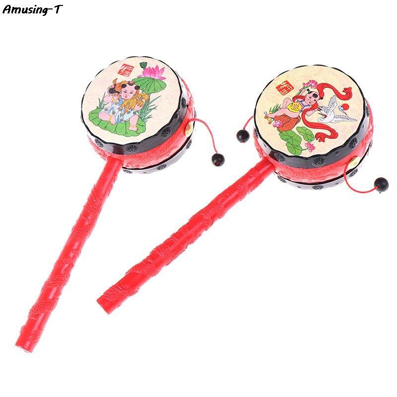 Sonajero tradicional chino de dibujos animados para niños, tambor giratorio divertido, campana de mano, juguetes musicales, instrumento Musical, juguete educativo, 1 unidad