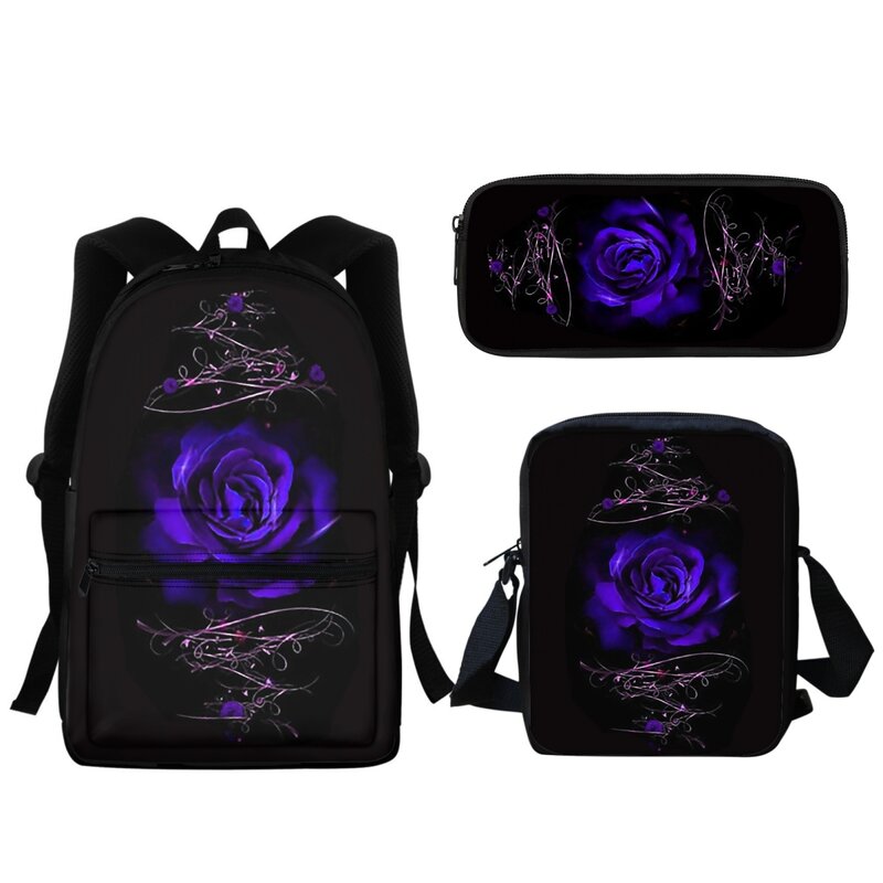Gothic Rose Design Zipper Pocket Backpack with Lunch Bags Student Teen Casual School Bags Set Pencil Case Back to School Gift
