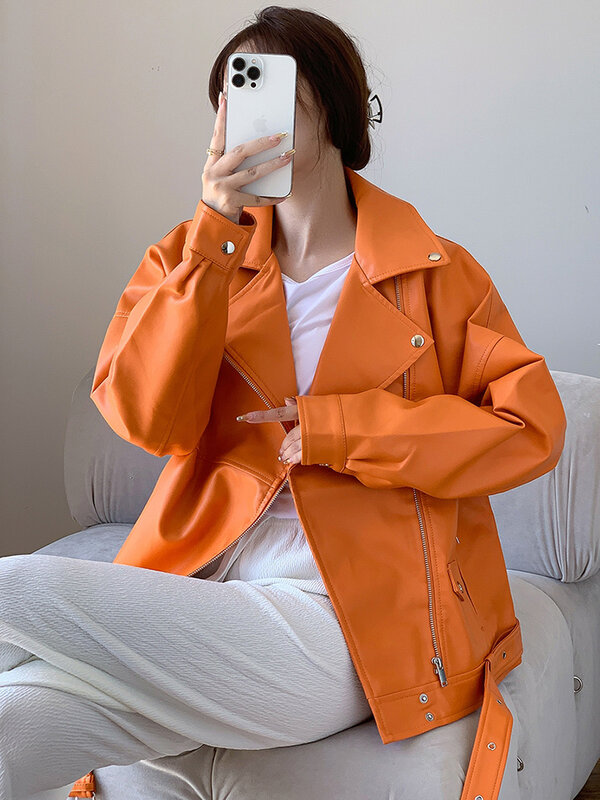 UCXQ pomarańczowy zamek błyskawiczny luźna skórzana kurtka uliczna klapa z długim rękawem damska płaszcz moda jesienna zima 2023 SM4037
