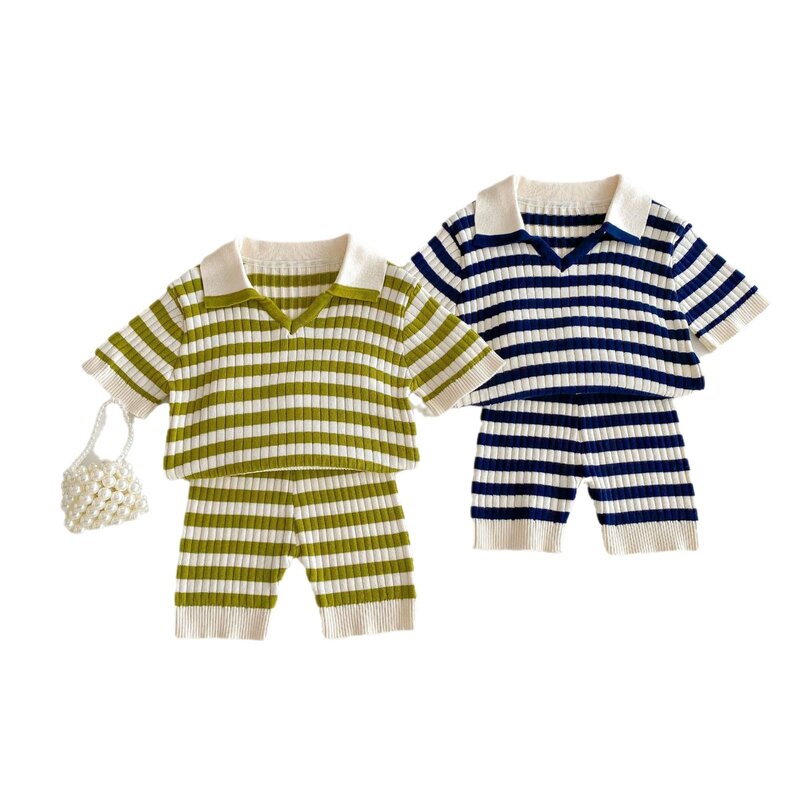 Estate nuovi bambini manica corta a righe Set neonato ragazza colletto Polo Pullover lavorato a maglia + pantaloncini 2 pezzi vestito bambini abiti Casual