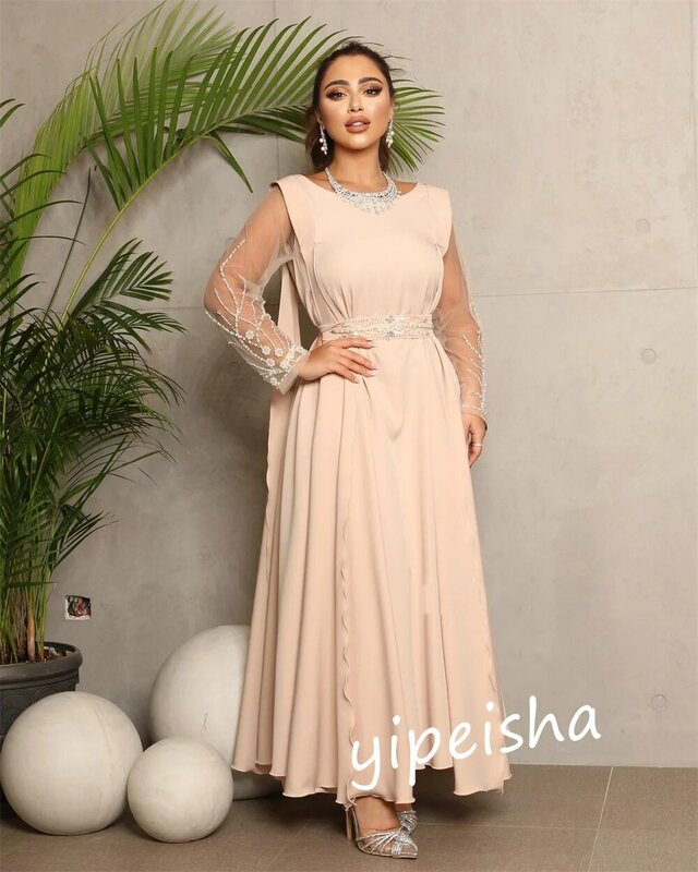 Prom Dress Saudi Arabia Jersey Pearl Sash Evening A-line O-Neck Bespoke Occasion Gown Midi Dresses