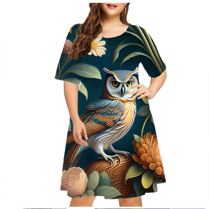 6XL Large Size Dresses 2023 Women Animal Birds Print Dress Summer Flower Short Sleeve O-Neck Loose Mini Dress Plus Size Clothing