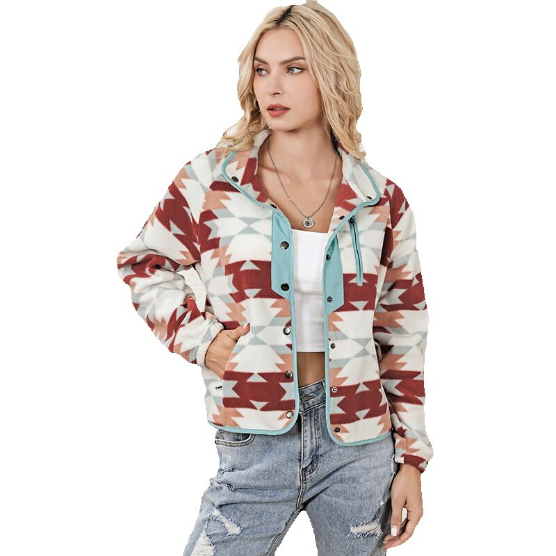 Western Style Color Matching Fleece Jacket For Women 2023 Winter New Geometric Print Long Sleeved