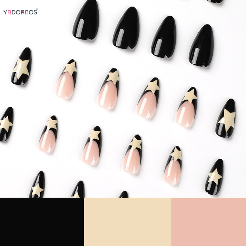 Y2K Fake Nails Black French Style Press on Nails White Five-pointed Star Designed Almond False Nails Artificial DIY Manicure
