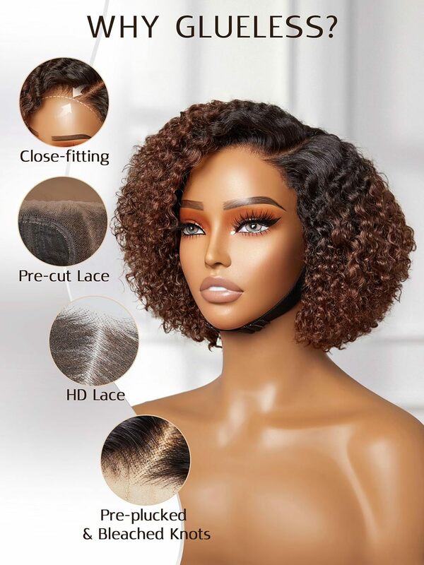 Kinky Curly Wig for Women, Ombre Brown Bob Wig, Natural Black with Brown Side Parted, Short Curly Wigs, 8"