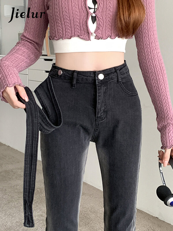 Jielur Jeans neri sfumati nuova moda elastico aderente OL Flare pantaloni donna vita alta Slim Denim pantaloni donna S-XL