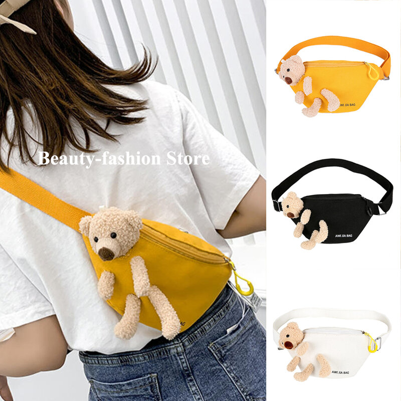 Женская холщовая поясная сумка с милым медведем, дизайнерский однотонный кошелек на ремне через плечо, забавная бананка на бедро