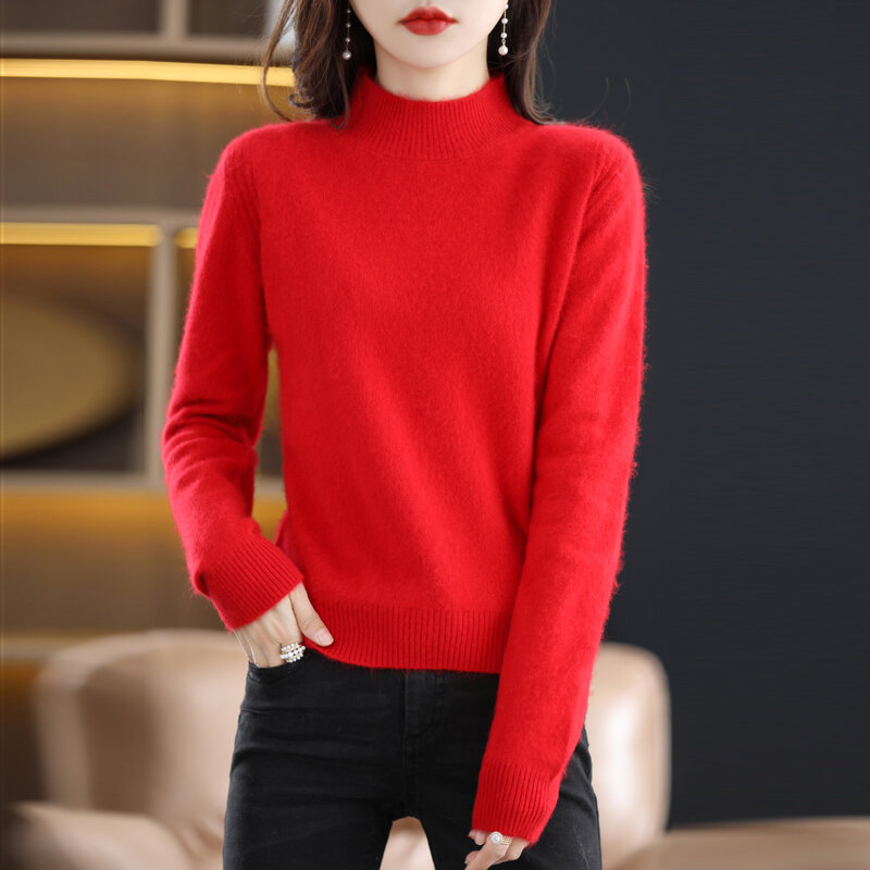 Signore 100% visone Cashmere maglione mezzo dolcevita Pullover coreano lavorato a maglia di grandi dimensioni 022 nuovo inverno Top manica lunga alta moda