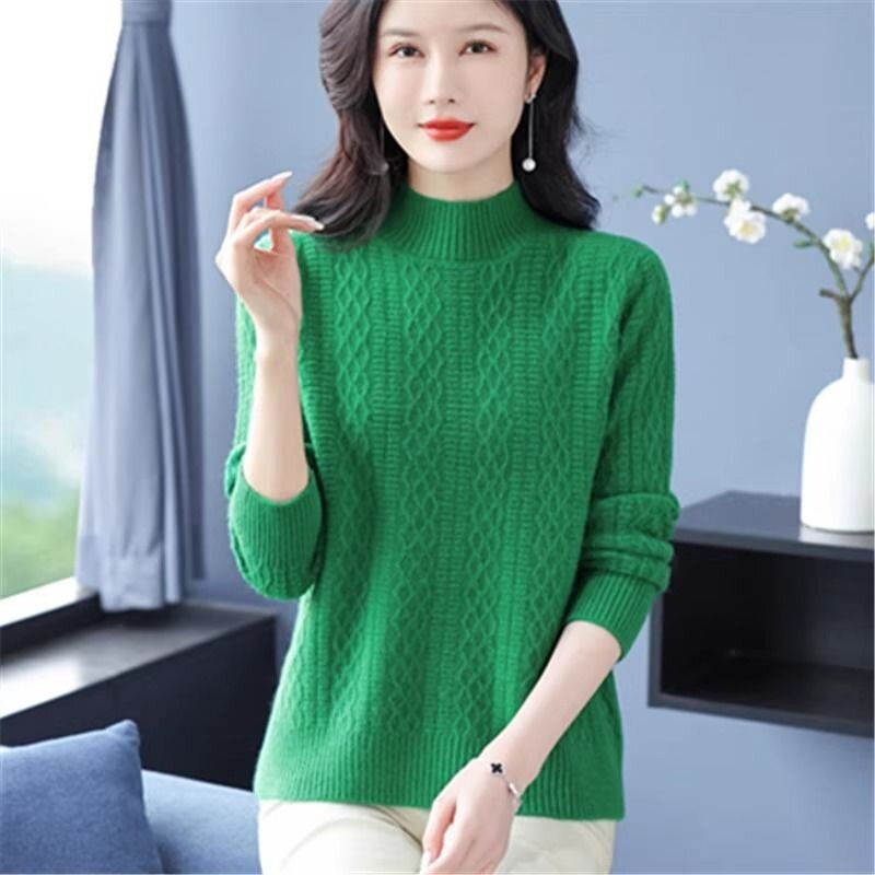 Threaded Jacquard Jumper Semi-turtleneck Sweater Women's New Autumn and Winter Temperament Fashionable Loose Thickened Knitwear