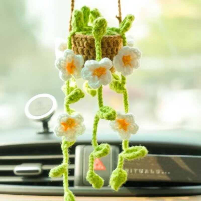 NOVO Cute Potted Plants Crochet Car Basket, Pendurado Flor Crochet Car Decor, Ornamento do carro Espelho Retrovisor Pendurado Acessórios