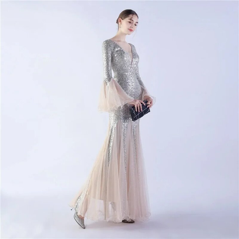 Sladuo Women's Sexy Long Sleeve Sparkly Maxi Dress V Neck Mesh Mermaid Formal Gown Cocktail Glitter Maxi Long Dresses