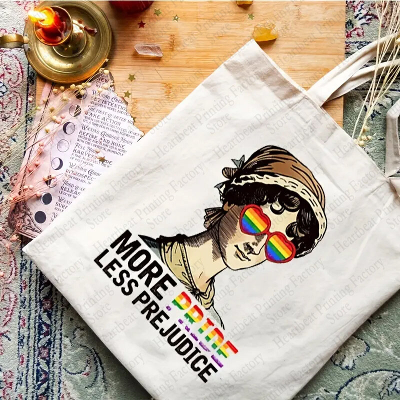 Saco de compras carta arco-íris, mais orgulho menos preconceito padrão sacola, bolsa de ombro casual lona, bolsas tendência moda, 2024