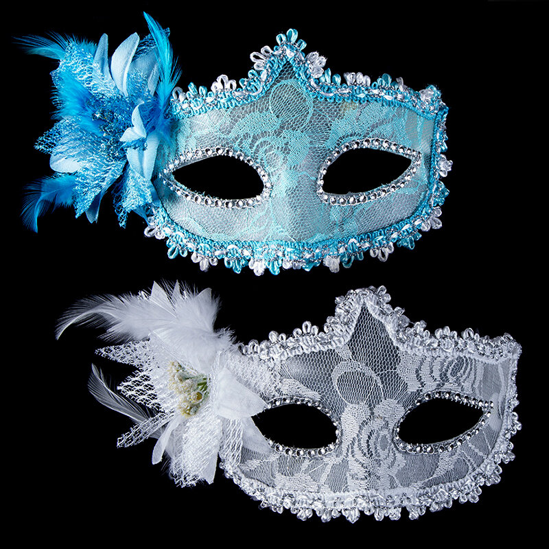 Koronkowa maski na maskaradę kwiatowa z piórami Sexy kobiet maska na przyjęcie księżniczka czarna maska na oczy impreza z okazji Halloween przebranie akcesoria do kostiumów