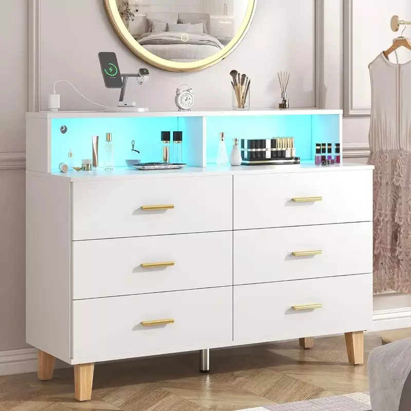 6 Drawer Dresser for Bedroom, Chest of Drawers with LED Light and Power Outlet, Tall Wide Dresser for Organizer Cabinet Bedroom