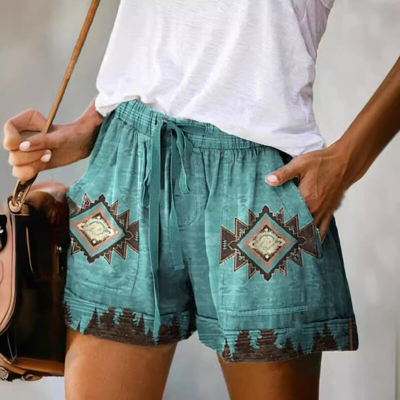 Shorts soltos com estampa retrô feminina, cor sólida casual, shorts minimalistas de verão, roupa externa, impresso em 3D