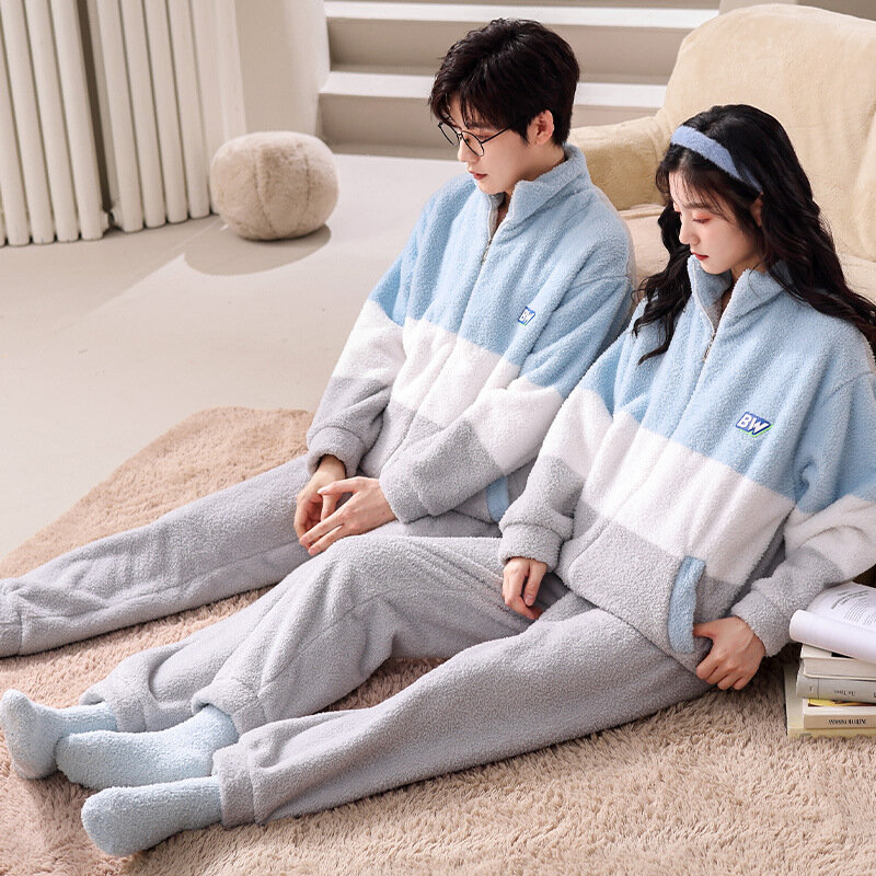 Zimowa piżama dla par zagęszczony zestaw ciepłej odzieży z koralowego polaru kardigan z długimi rękawami można nosić na zewnątrz flanelowej piżamy męskiej