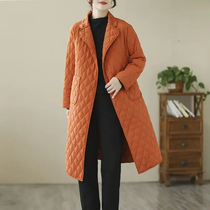 Новое поступление 2023 года, винтажная осенне-зимняя верхняя одежда с ромбовидными сетчатыми карманами, пуховики, хлопковые Модные женские повседневные длинные пальто с подкладкой