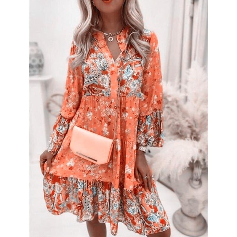 2023 Women's Spring Autumn New Fashion Style Knee Length Skirt  Sexy V-neck Floral Print Long Sleeve Casual Pullover Dress