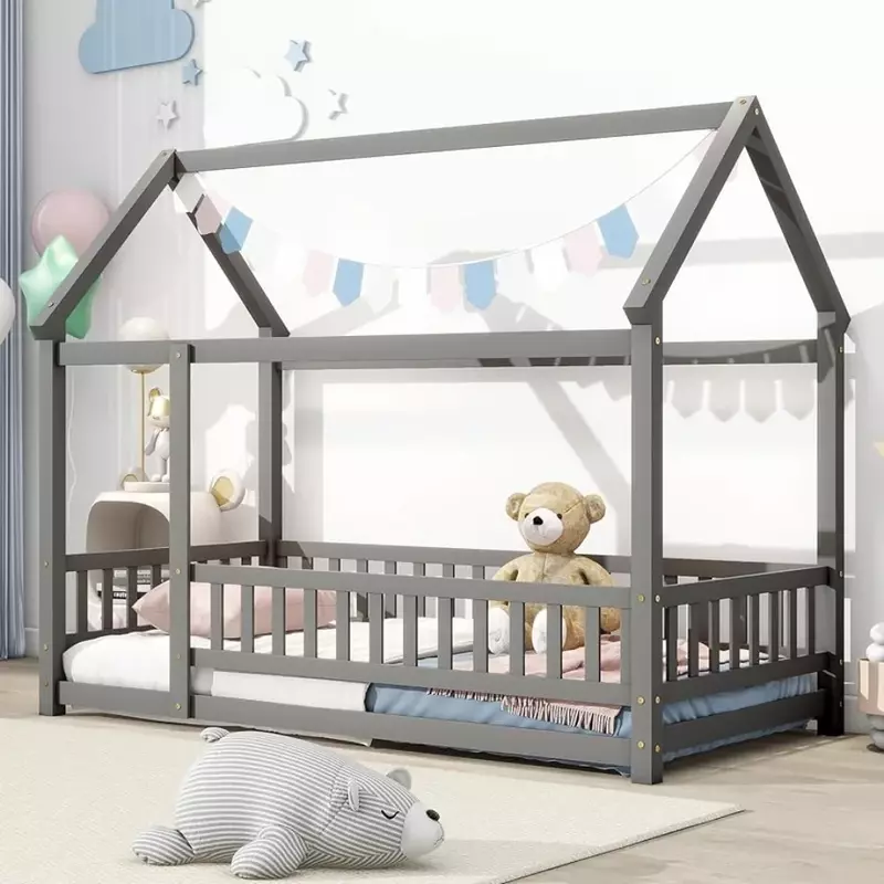 Lit double pour enfants, lit de sol Montessori avec accoudoirs, lit de maison en bois, cadre de lit du sol au plafond avec toit