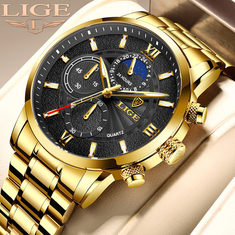 LIGE orologi da uomo Top Brand Big Sport Watch Luxury Men Military Steel Quartz orologi da polso cronografo Gold Design orologio maschile