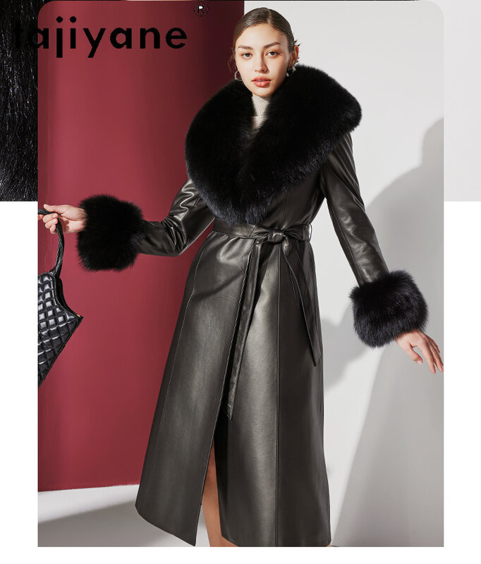 Tajiyane-jaqueta de couro verdadeira para mulheres, pele de carneiro genuína, casacos de ganso branco, colarinho de pele de raposa grande, parkas longos quentes, inverno