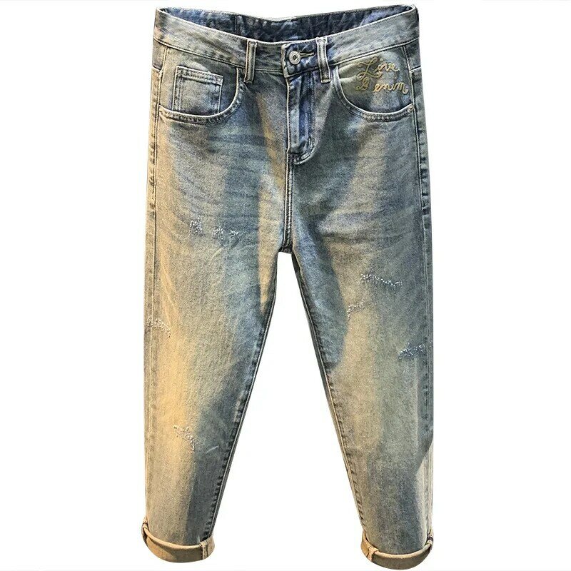 Calça jeans lavada high-end masculina, bordada, solta, design de harém, fina, leve, perna reta, flácida, casual, verão
