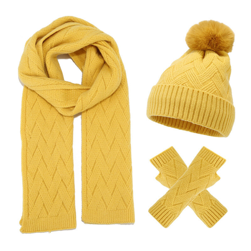 Conjunto de guantes de lana para hombres y mujeres, gorro de lana cálido, bufanda larga, calentador de cuello, guantes de pantalla táctil, 3 en 1, Invierno