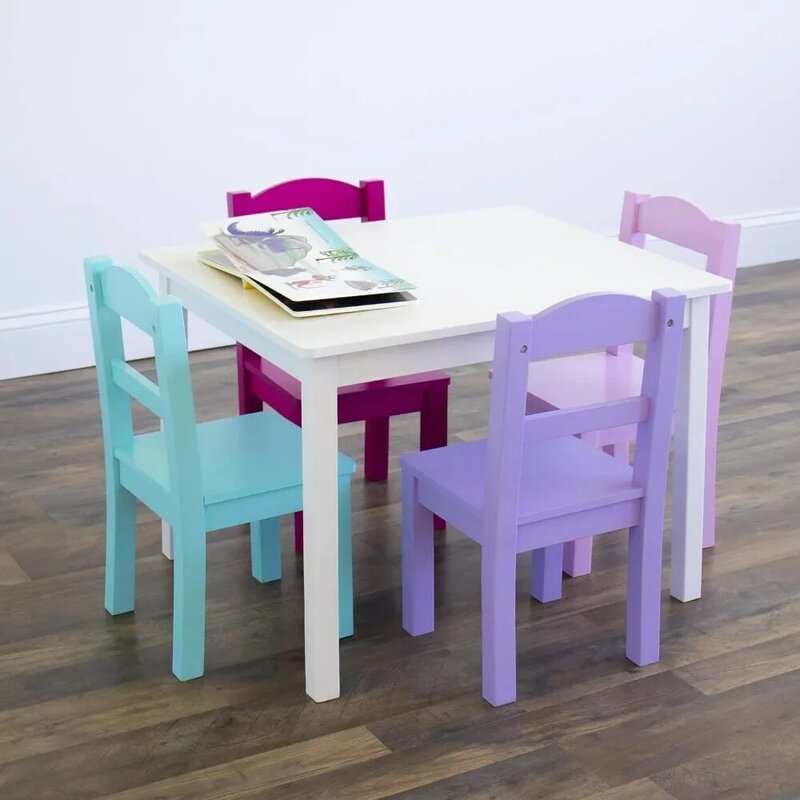 Set tavolo e sedia in legno per bambini (4 sedie incluse)-ideale per arti e mestieri, Snack Time, casa, bianco, rosa, viola