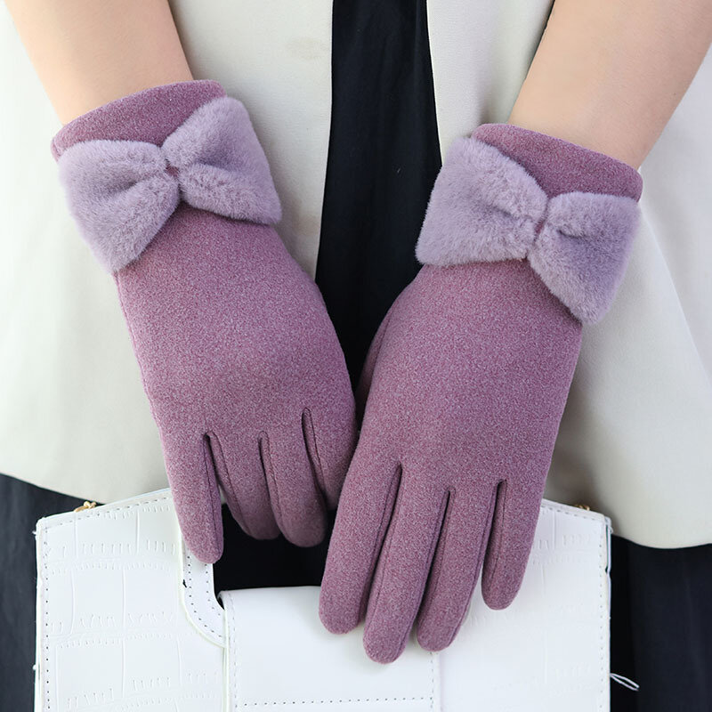 Зимние женские перчатки с бантом, модные бархатные варежки с закрытыми пальцами для сенсорного экрана, уличные Стрейчевые перчатки для вождения