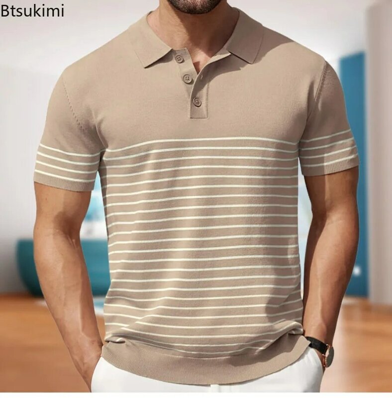 Camisa de manga corta de punto para hombre, Polo de negocios a rayas, Tops deportivos de Golf informales, ropa de verano, nueva moda