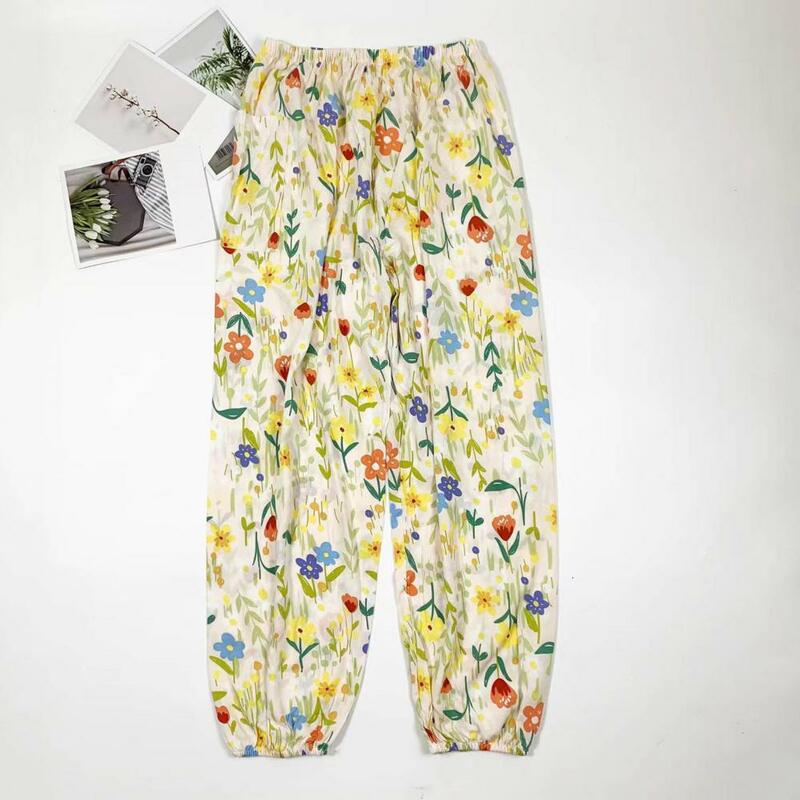 Calças femininas com estampa floral de pernas largas, cintura com cordão elástico, calças de praia, verão