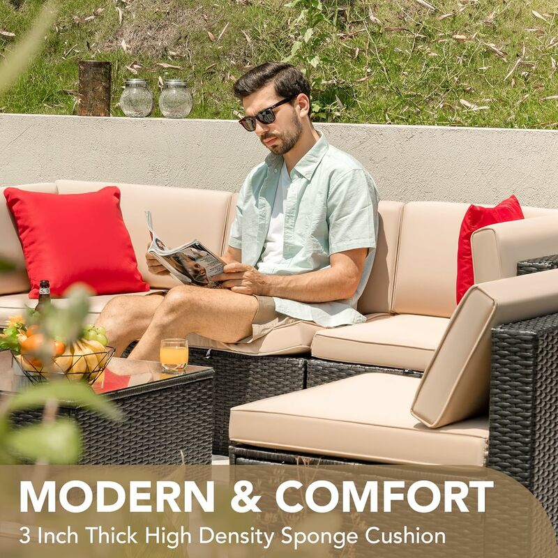 Patio Furniture Sets 6 Pieces Outdoor Sectional Rattan Sofa Manual Weaving Wicker Patio Conversation Set