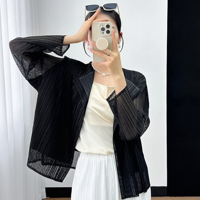 Miyake-Blusa de manga larga con cuello tipo POLO para mujer, chaqueta plisada de Color sólido, ropa de protección solar, holgada, talla grande, 2024