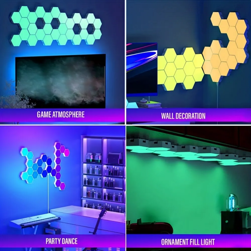 RGB lampu dinding heksagonal cerdas, lampu malam sekitar berubah warna, kontrol aplikasi bentuk DYI untuk ruang Game kamar tidur