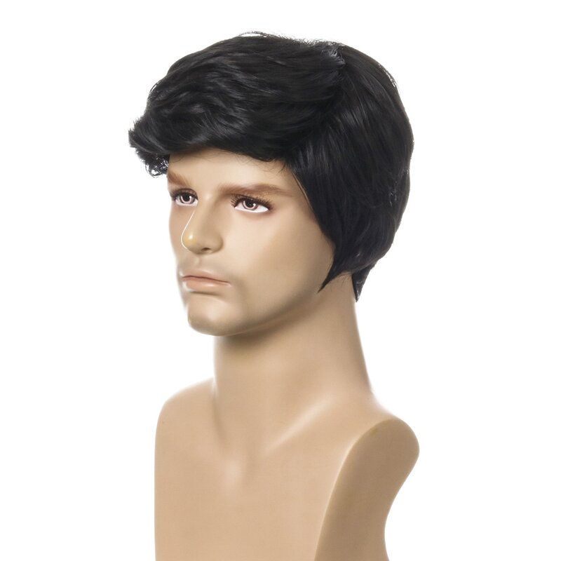 Wig mode hitam pendek pria lurus Wig sintetis untuk pria rambut palsu realistis Wig hitam alami