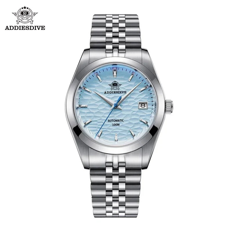 ADDIESDIVE-reloj mecánico de acero inoxidable, pulsera de lujo con esfera azul/blanca, de 39mm, 100M, AD2118
