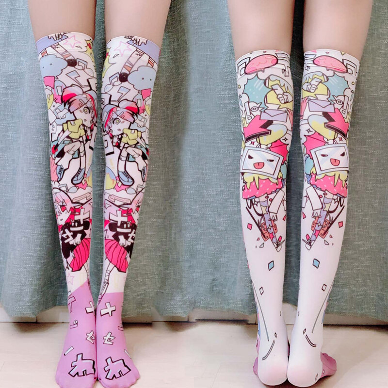 Calze di seta da donna stampate in 3D di moda coscia alta al ginocchio Anime Cartoon elastico personalizzato Cosplay rosa sottile ragazza carina calze