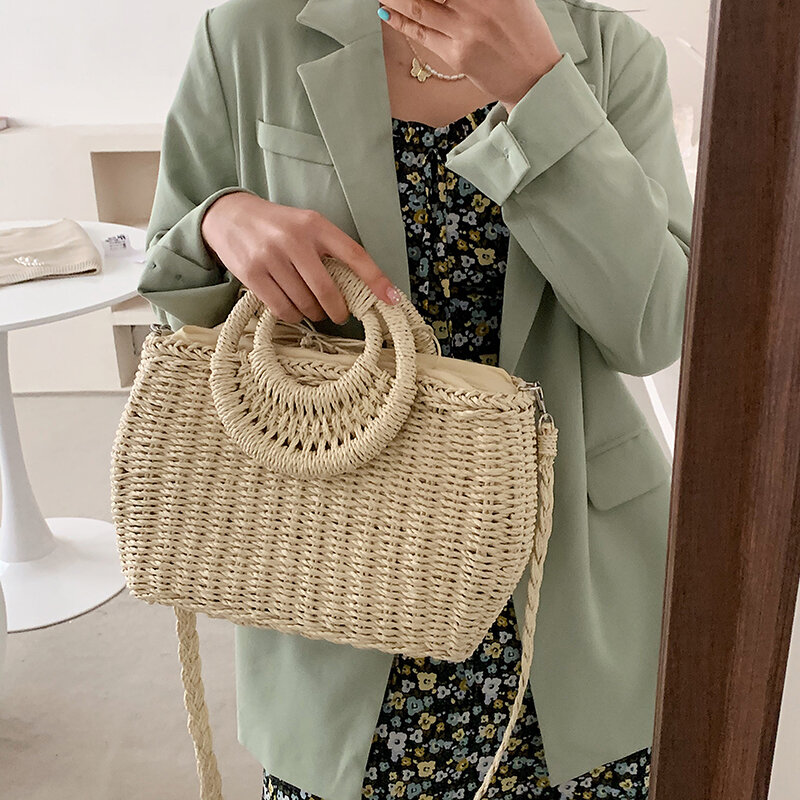 HOCODO женская Соломенная пляжная сумка ручной работы, плетеные сумки на шнурке через плечо, женская сумка из ротанга, летняя соломенная сумка через плечо