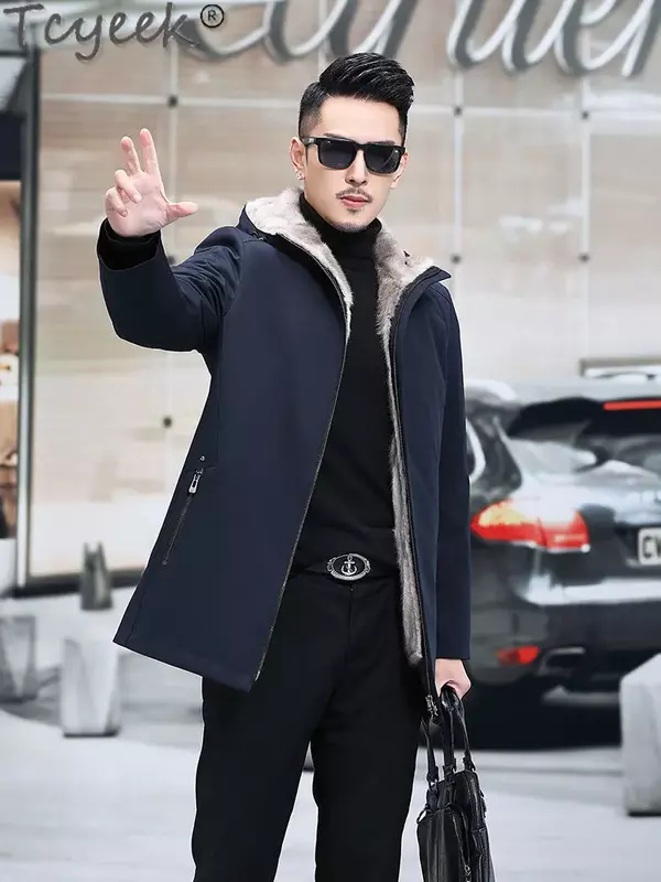 Tcyeek-jaqueta de pele de vison natural masculina, parka média longa, casaco de pele real, casual e empresarial, moda streetwear, inverno
